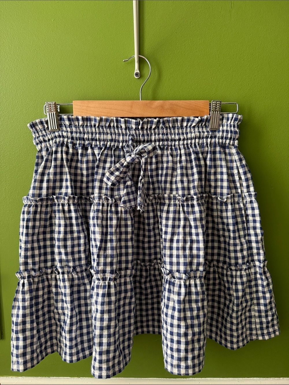Tiered Gingham A-Line Mini Skirt in Navy and White